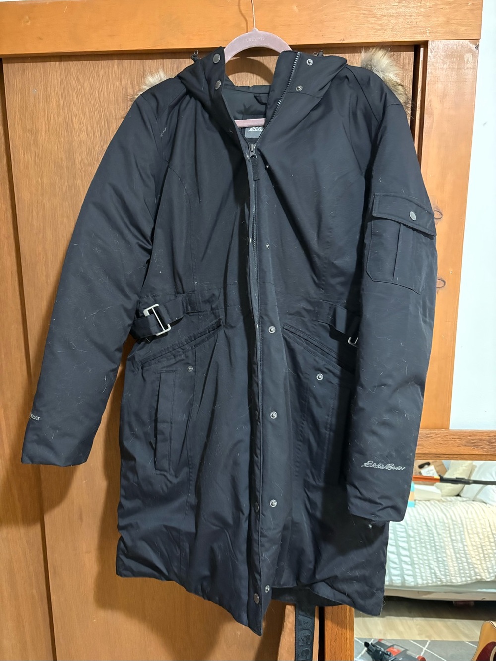 Eddie Bauer Black Women's Hooded Parka with Faux-Fur Trim